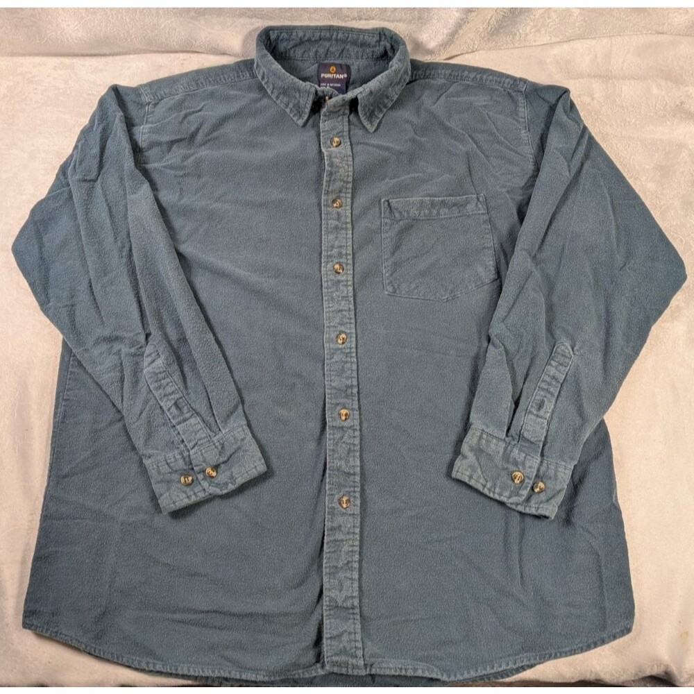 Puritan Mens XL Blue Brushed Cotton Button Up Shirt Long Sleeve Pocket